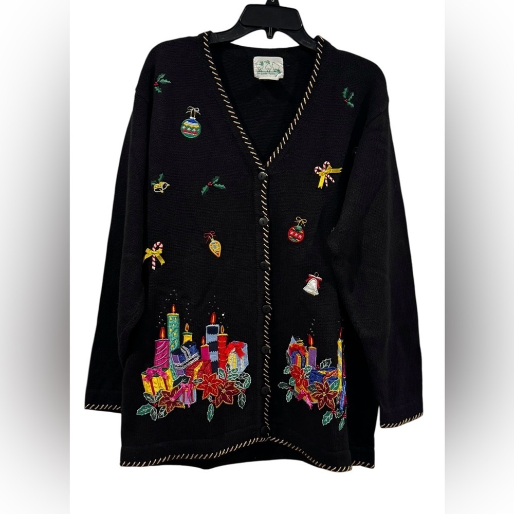 Vintage Women’s Quacker Factory Embroidered Knit Christmas Cardigab: Large
